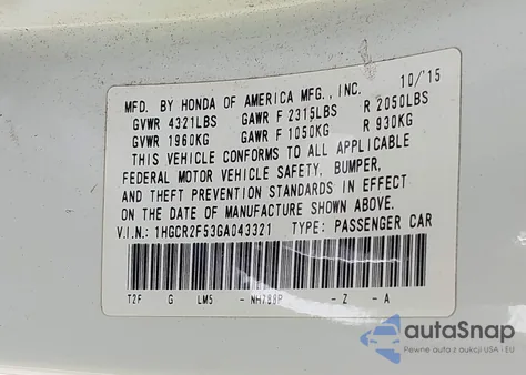 2016 Honda Accord Sport z USA, uszkodzony, nr VIN 1HGCR2F53GA043321